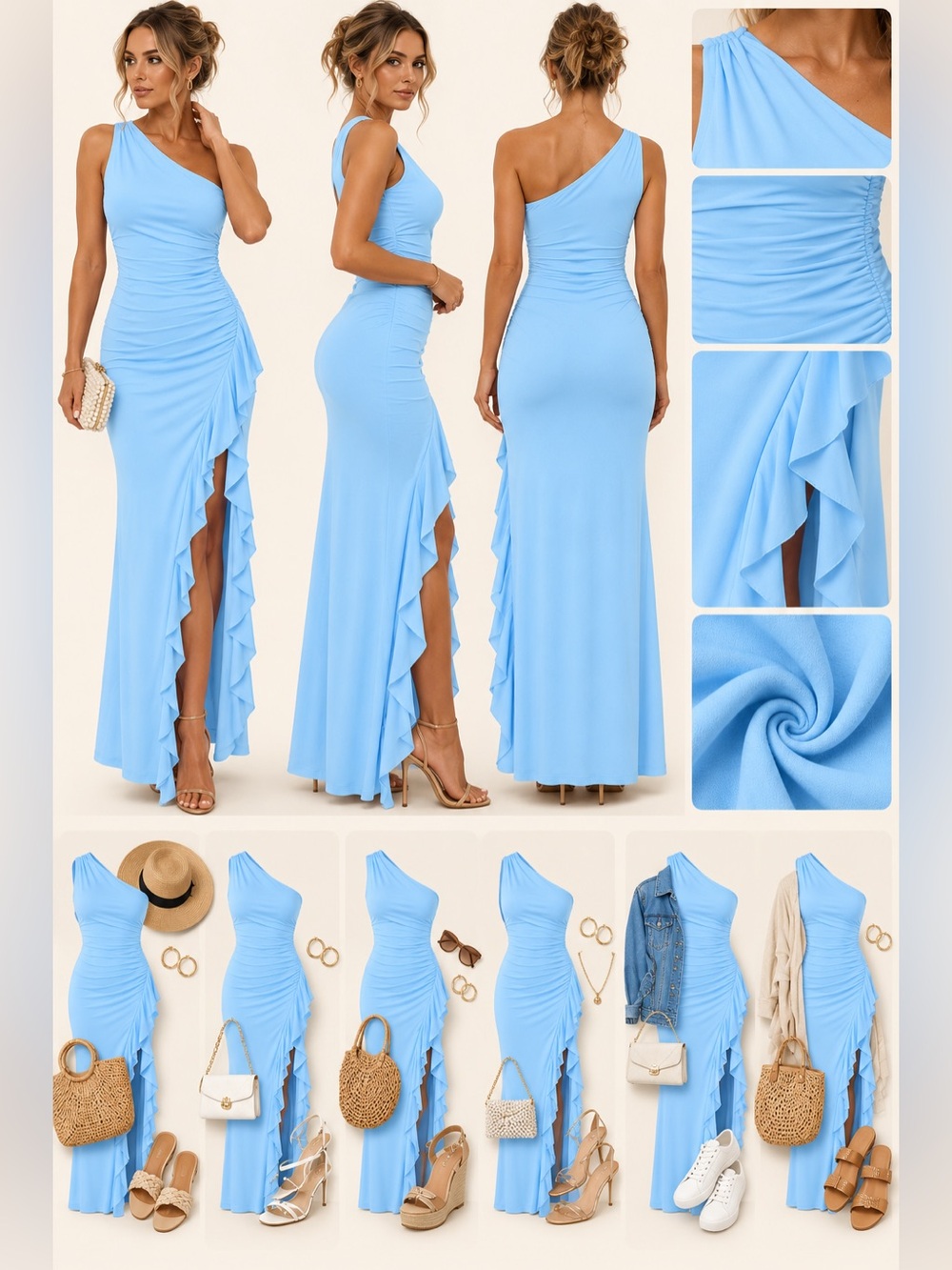 One Shoulder Ruffle Slit Maxi Dress